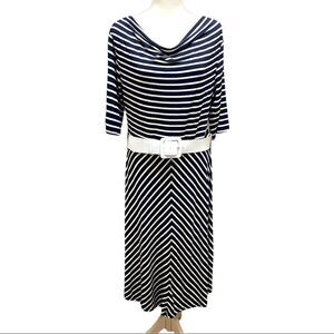 Mikarose Navy White Striped Draped Neck 3/4 Sleeve W/ Belt Jersey Dress Sz XL